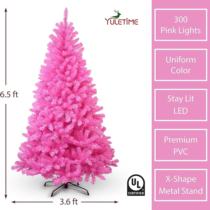 YULETIME 6.5 Feet Pre-Lit Pink Christmas Tree, Artificial Holiday Decorative Tree with UL Listed 300 Pink LED Christmas Lights with Matching Color Wire
