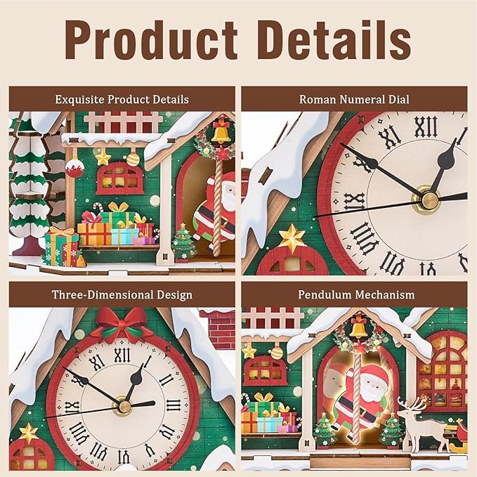 3D Puzzles for Adults Clock-Christmas Igloo Design Model Kit-Mechanical DIY Pendulum Clock with Roman Numerals-Desk Home Office Decor Personalized Gift for DIY Lovers