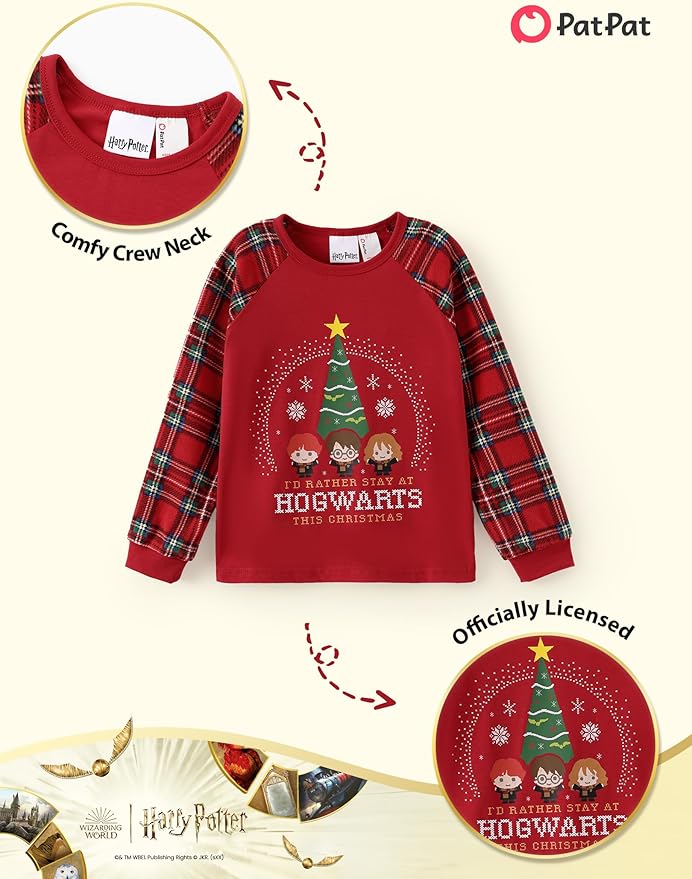 Harry Potter Pajamas Gryffindor Hufflepuff Slytherin Ravenclaw Hogwarts Crest Long Sleeve Shirt and Plaid Pant for Big Kid