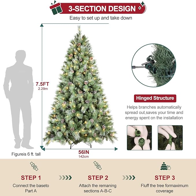 Pre-lit Christmas Tree 7.5ft, PLuxury Pine Needle -Premium Christmas Trees with Lights Flocked Prelit Trees-Artificial Xmas Tree