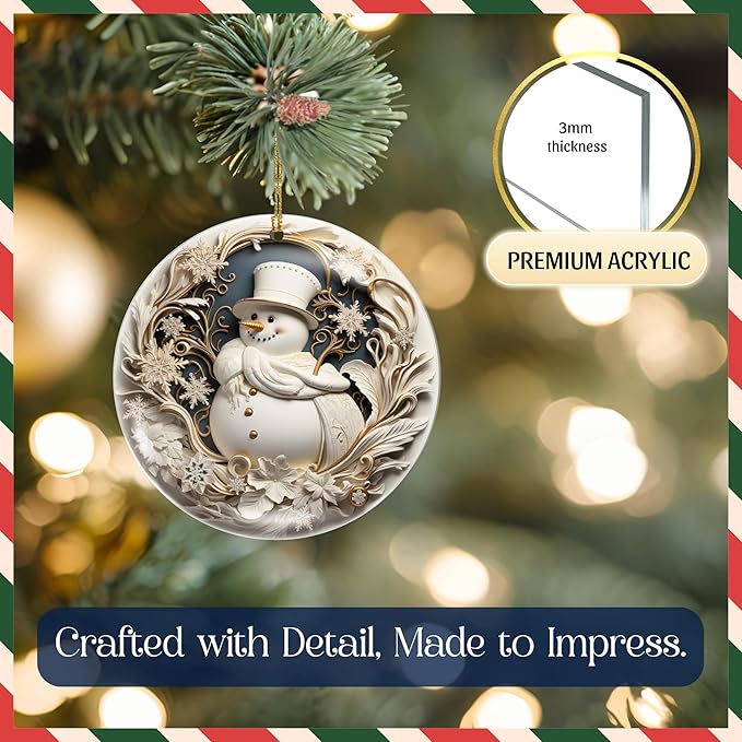 2025 Christmas Ornament – Elegant White & Gold Snowman Acrylic Ornament, Luxury Design for Tree & Holiday Décor, Dated Navidad 2025 Ornament, Classic Winter Decoration Gift Idea