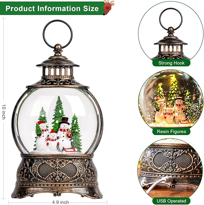 Christmas Snow Globes Christmas Water Lantern with Snowman Family with sled Christmas Tree Music & 6H Timer, USB Lined/Battery Operated Lighted Lanterns for Xmas Festival Decoration Gifts