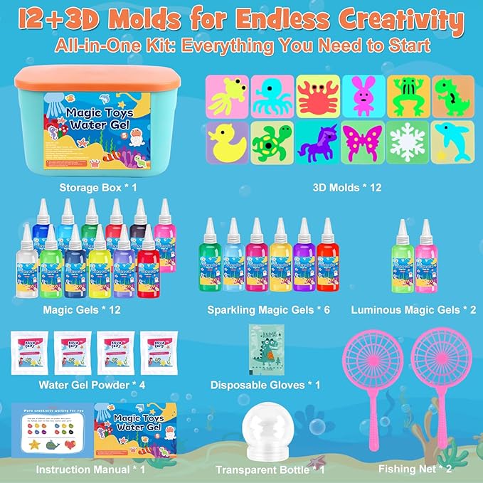 Magic Toys Water Gel Kit: 20 Colors Fairy Aqua Gel with Pearlized & Luminous Magic Paint - Handmade Creative Water Art Set with 12 Shape 3D Molds for Kid Birthday Party Gift