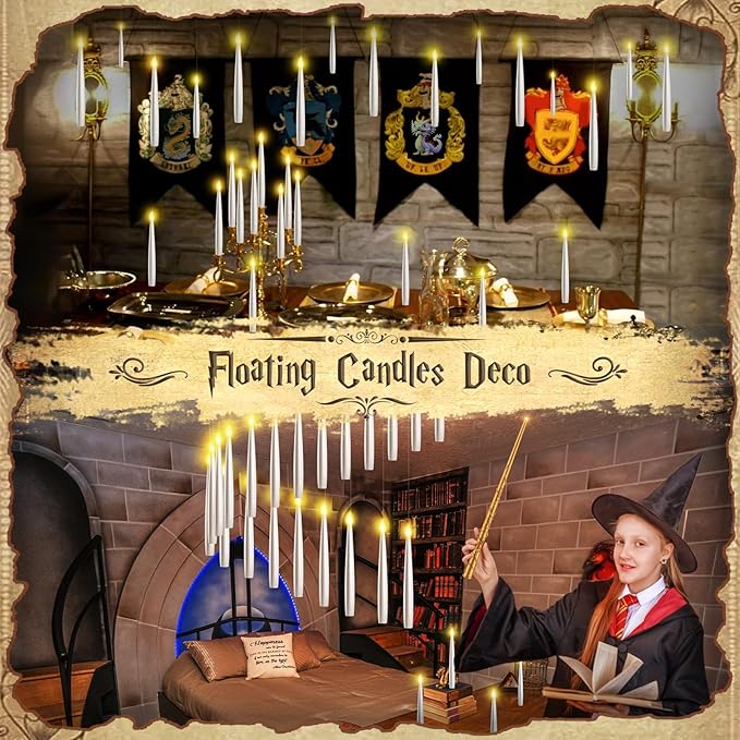 Floating Candles with Wand - Halloween Decorations Magic Flameless Candles Flickering Warm Light LED Hanging Candle Remote, Battery Operated Candles for Christmas Outdoor Indoor Party Decor