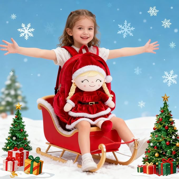 Gloveleya Plush Backpacks Toddler Backpack Removable Doll and Backpack Christmas Gifts Baby Girl Gift For 2 to 8 Years Girl Birthday Gifts With Red Doll