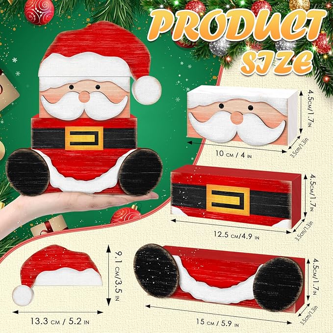 Britimes 4 Pcs Christmas Santa Table Decor Christmas Tiered Tray Decorations Set Santa Stack Block Signs Gift Rustic Farmhouse Tabletop Decor for Table & Home Office