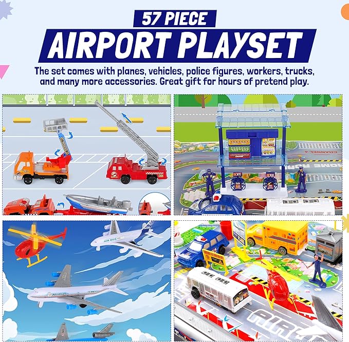 57 PCS Commercial Airport Playset with Airplane Toys, Play Vehicles, Fire Trucks, Police Cars & Figures, and Accessories in Storage Bucket for Kids Imaginative Play