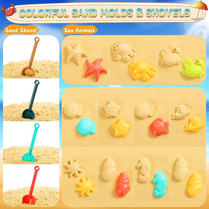 Beach Toys for Kids, Sand Toys with 2 Collapsible Beach Bucket,3 Dump Truck,2 Sunglasses,Ocean Molds,Sandbox Shovel,2 Mesh Bag Sand Castle Building Kit Travel Beach Essentials for Toddler 3-10
