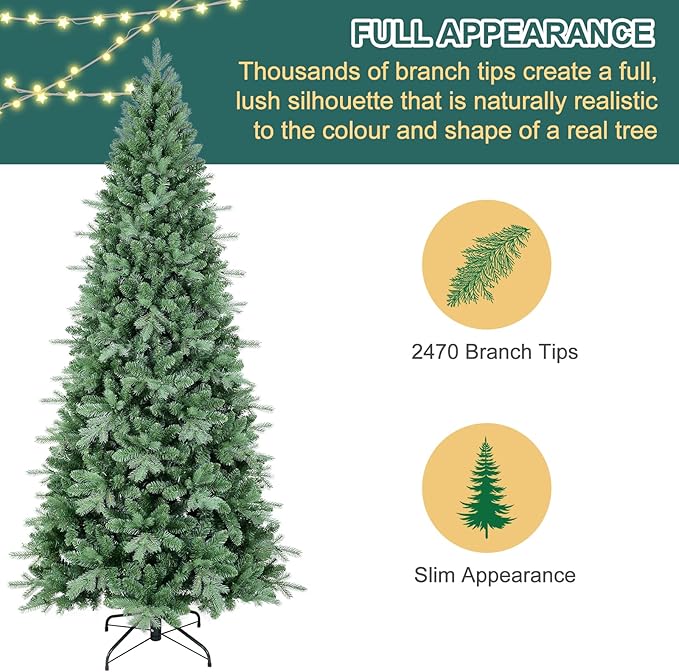 9 FT Artificial Skinny Christmas Tree,Unlit Blue Spruce Slim Pencil Xmas Tree with 2545 PE&PVC Mixed Branch Tips,Hinged Pine Tree with Metal Stand for Home Office Décor