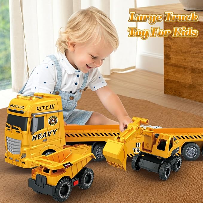 3-in-1 Construction Truck Toys for Kids Ages 3-6 - Inertia Semi Trailer with Excavator & Dump Truck, Light and Sound Play Vehicles