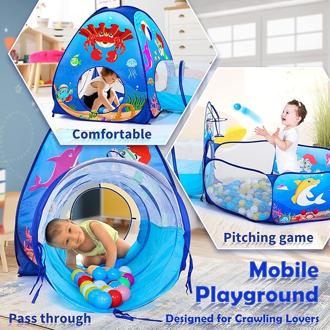 SISTICKER 3pc Kids Play Tent: with Baby Ball Pit and Crawl Tunnel - Toddler Pop Up Climbing Toys - Indoor Outdoor Playhouse - Gift for Year Old Boys Girls (Balls NOT Included)