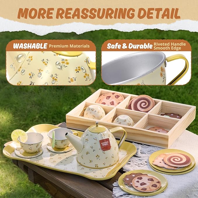 Kids Tea Party Set for Little Girl, Tea Sets for Toddler Pretend Play Food Kitchen Toy Accessories Gift for 3 4 5 6 Years Old Girls Boys (Yellow)