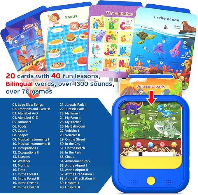 Kids Learning Tablet Educational Learning Pad for Toddlers 2-5 to Learn Alphabets, Numbers, Foods, Time, Music, Vehicles,Jurassic Park, Tablet Toy for Toddlers Ages 2 3 4 5 6 Years Old