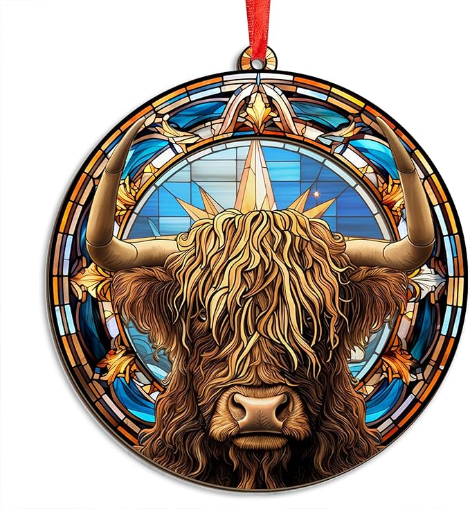 OASSIE Highland Cow Ornament for Christmas Tree - Suncatcher Christmas Ornaments 2025 - Farmhouse Brown Highland Cow Gifts for Women Men Mom Dad Family, Stocking Stuffers for Farm Xmas Decorations