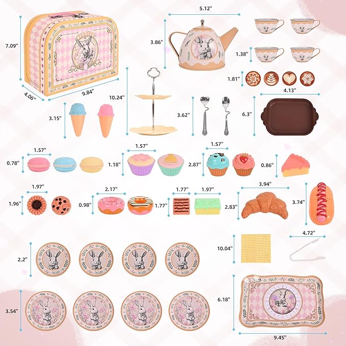 Tea Party Set for Girl, Tea Time Toys Including Tea Set Dessert Carrying Case, Kids Picnic Pretend Playset for Little Girls Birthday Toddler Kids Age 3-7