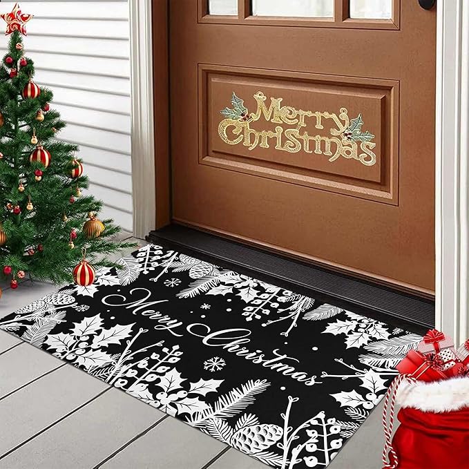 Black Christmas Doormat Outdoor Entrance Non-Slip Holly Pine Branches Pinecones Front Door Mat Merry Xmas Decor Washable Winter Welcome Doormat 17"x30" Christmas Decorations for Home Indoor Outdoor