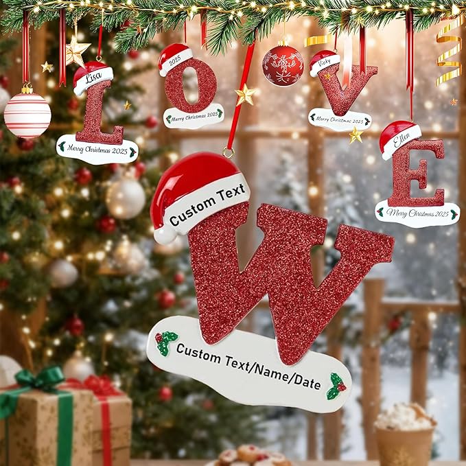 Personalized Letter Christmas Ornaments 2025, Custom Xmas Ornaments Decorations for Christmas Tree with Name 3D Resin Xmas Hanging Pendant Original Gifts for Family Friends (W)