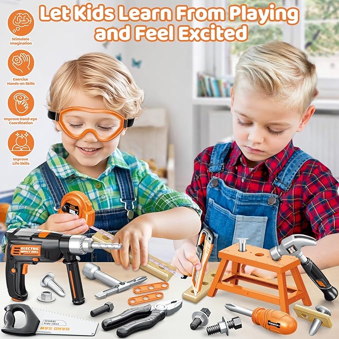 OCHIDO Kids Tool Set with Electronic Toy Drill, Kids Tool Box for Ages 3,4,5,6,7,8, 41PCS Toddler Tool Set with Portable Tool Box for Boys Christmas Birthday Gifts