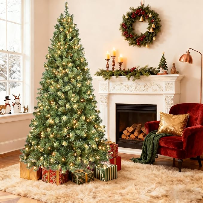 Kadunmina 9ft Pre-lit Christmas Tree, Prelit Artificial Spruce Xmas Trees with 650 Incandescent Warm White Lights, 1930 Branch Tips and Metal Stand for Home, Office, Holiday Decor,Green