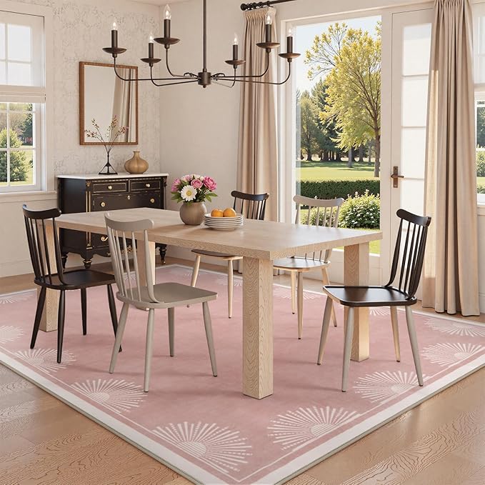Modern Pink 8x10 Rug for Living Room,Ultra Thin Washable Bedroom Rug 8x10 Under Bed, Non Slip Sun Print Large Rugs, Non Shedding Throw Carpet for Girls Room Nursery Dorm(8'x10',Pink)
