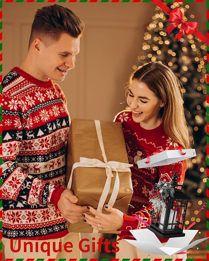 iStatue Metal Black Christmas Lantern with Flameless Candle, 14'' Modern Farmhouse Decor Festive Holiday Rustic Home Gifts for Indoor/Outdoor (Xmas)