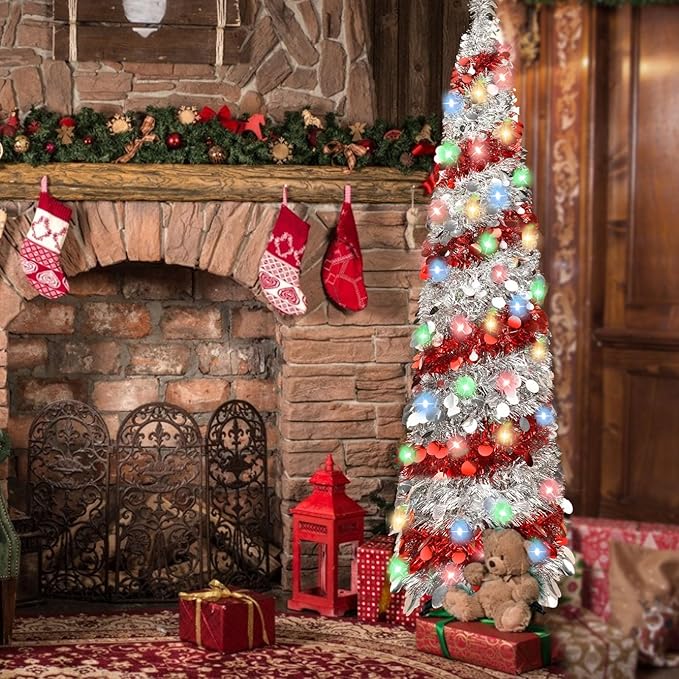 5FT Christmas Trees with 90 Lights, Collapsible Artificial Sequin Pop Up Christmas Tree, Tinsel Slim Pencil Christmas Tree for Home Holiday Fireplace Party Indoor Outdoor Xmas Decorations (Sliver&Red)