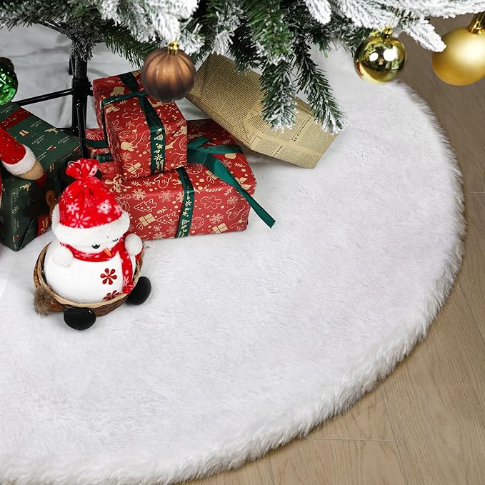 72" Faux Rabbit Fur Christmas Tree Skirt - Premium Snow-White Plush with 3 Hook and Loop Closures & Felt Base for 7.5-12 Ft Trees