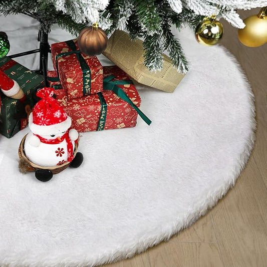 84 Inch Faux Rabbit Fur Christmas Tree Skirt - Premium Snow-White Plush with 3 Hook and Loop Closures for 7.5-15 Ft Trees