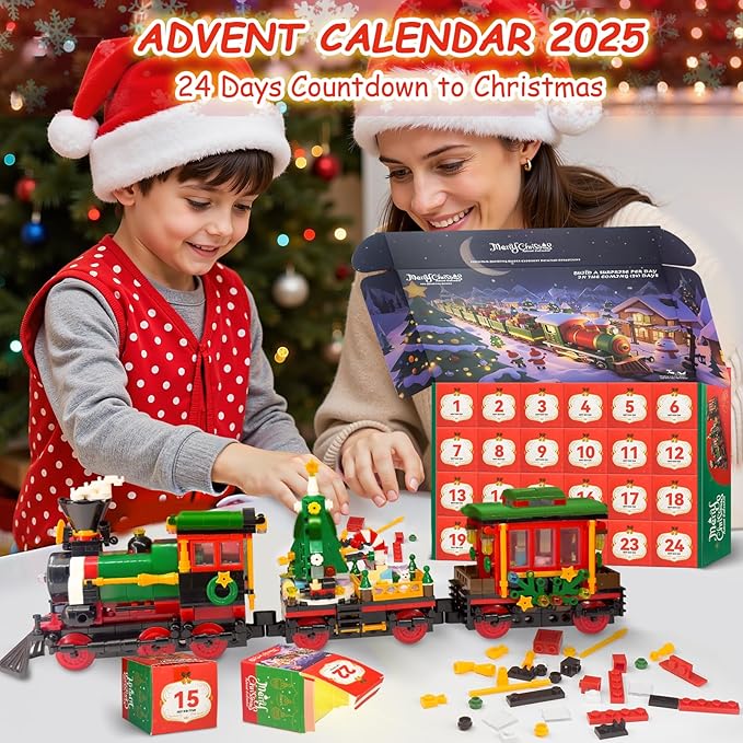Advent Calendar 2025 Kids 6+ Teen Girls Boys Christmas Train Toys Building Block Sets 24 Days Christmas Gifts Countdown Calendar Christma Holiday Decor Train Building Kits for Tree Village Table