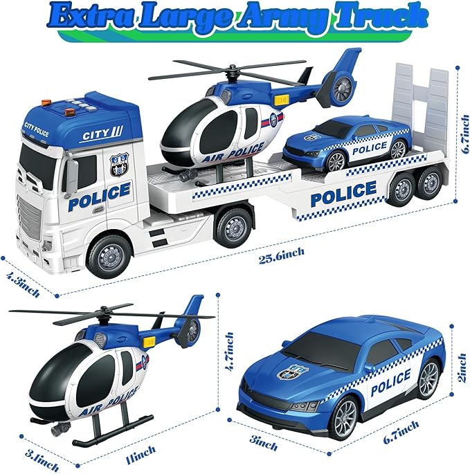 3-in-1 Police Truck Toys for Kids Ages 3-6 - Inertia Semi Trailer with Racing Car & Helicopter, Light and Sound Play Vehicles