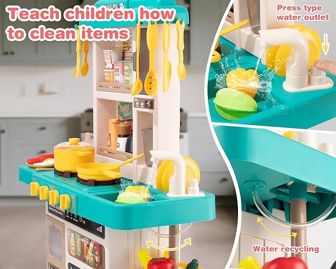 Kids Kitchen Play Set，Interactive Kids Kitchen Play Set with 50Pcs of Pretend Kitchen Toys，Realistic Sound Effects，and Simulated Functionality - Suitable for Toddlers Aged 3-5 Years (Green)