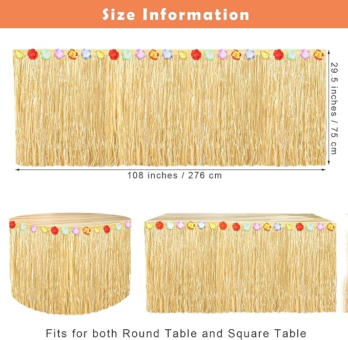 Fovths Luau Grass Table Skirt Natural 9 Feet x 29.5 Inch Hawaiian Table Skirt for Tropical Hawaiian Party Decorations Luau Costume Party, Straw Yellow
