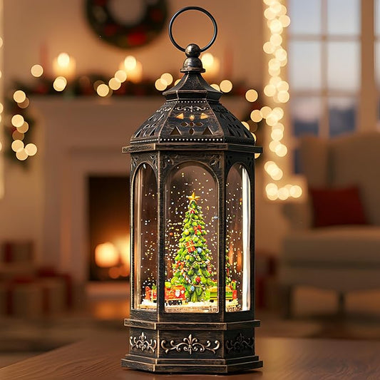 12.8'' Christmas Snow Globe, Santa Train Will Rotate Around The Christmas Tree with Musics Swirling Glitter Water Lantern Decoration for Home, Battery Operated or USB Powered