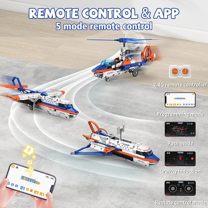 5-in-1 Remote Control STEM Airplane Building Kit – Eco-Friendly Rechargeable, App & Remote Controllable Ground-Walking Models, City-Themed Gift for Kids 6+ (325 PCS)