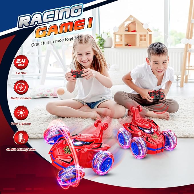 Remote Control Car, Boys Toys Age 4-6 6-8 8-12 360° Rotating 2.4GHz Fast Stunt RC Cars with Cool Lights Music 4WD Off Road RC Crawlers Birthday Party Outdoor Xmas Gifts for 3-12 Year Old Boys