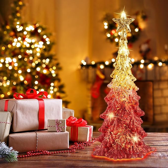 Valentine’s Day Gift 11 Inch Tabletop Christmas Tree with Sparkling Glitter - Battery Operated Acrylic Lighted Christmas Tree for Home Office Valentine’s Day Decor, Warm White Glow
