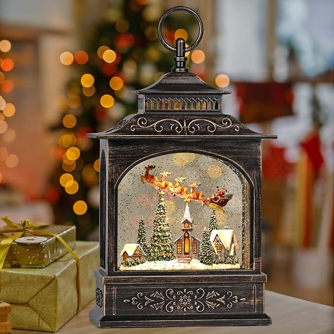 6H Timer Lighted Snow Globe with Music, Swirling Glitter Christmas Lantern, Thanksgiving Decor, Table Party Decorations (Reindeer, Santa Claus and Church)