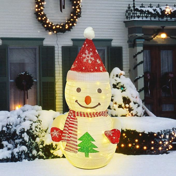 Lighted Pop-up Christmas Snowman Decorations, 27 Inch 3D Snowman with 45 LED Warm White Lights, Battery Powered Collapsible Prelit Snowman for Indoor Outdoor Christmas Garden Yard Xmas Decor, Timer