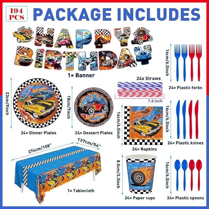 194pcs Birthday Party Decorations Supplies Race Car Plates Napkins Banner Tablecloth Disposable Parper Cups Straws Tableware Set for Kids Boys Birthday Decor 24 Guests