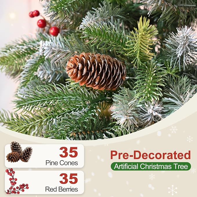 7 Ft Artificial Christmas Tree Pre-Decorated with Snow Flocked PVC&PE Tips, Pine Cones, Red Berries, Unlit Xmas Tree with Metal Stand for Hoilday Office Outdoor Christmas Decoration(Green White)