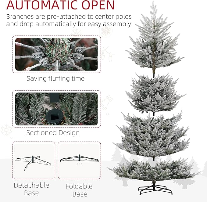 HOMCOM 9 Foot Artificial Christmas Tree, Pine Hinged Xmas Tree with 1939 Realistic Branches, Steel Base, Auto Open, Green with Snow-Flocked