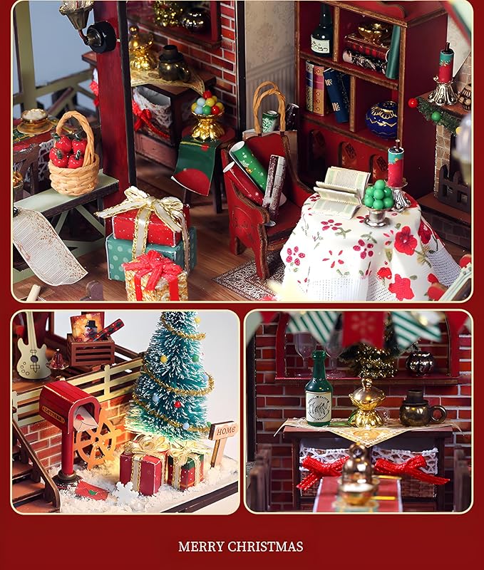 DIY Christmas Miniature House Kit Mini Wooden Dollhouse Kits for Adults Xmas Eve Snowflakes Building with LED Light, Diorama Model Birthday Gifts for Family/Friends