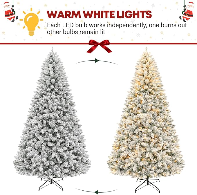 6ft Prelit Flocked Christmas Tree, Artificial Holiday Christmas Tree with 250 Warm White Lights, 1032 Branch Tips, Hinged Design & Metal Base, Easy Assembly for Indoor Decorating
