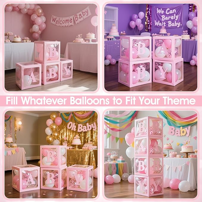 Ledido Baby Boxes with Letters for Baby Shower Decorations with 38 Balloons, 4 pcs Clear Baby Balloon Boxes Blocks for Baby Shower Decor Boy Girl Gender Reveal Decorations Backdrop Party (Pink)