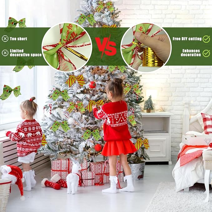12Pcs Red Green Christmas Bows for Tree, 6 Inch Christmas Tree Bows with Adhesive Dots and Metal Tie, 3 Style Christmas Ornaments for Door Wreaths, Indoor Mantel, Gift Wrapping Decor