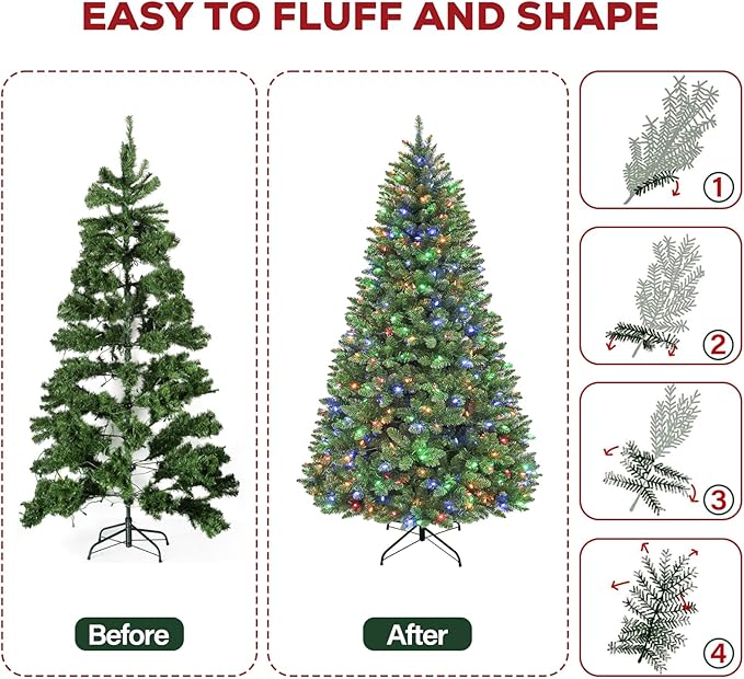 Hykolity 7.5' Pre-Lit Artificial Christmas Tree with 450 Changeable Color LED Lights, 1032 Tips, Easy Setup Hinged & Metal Base, 10 Modes