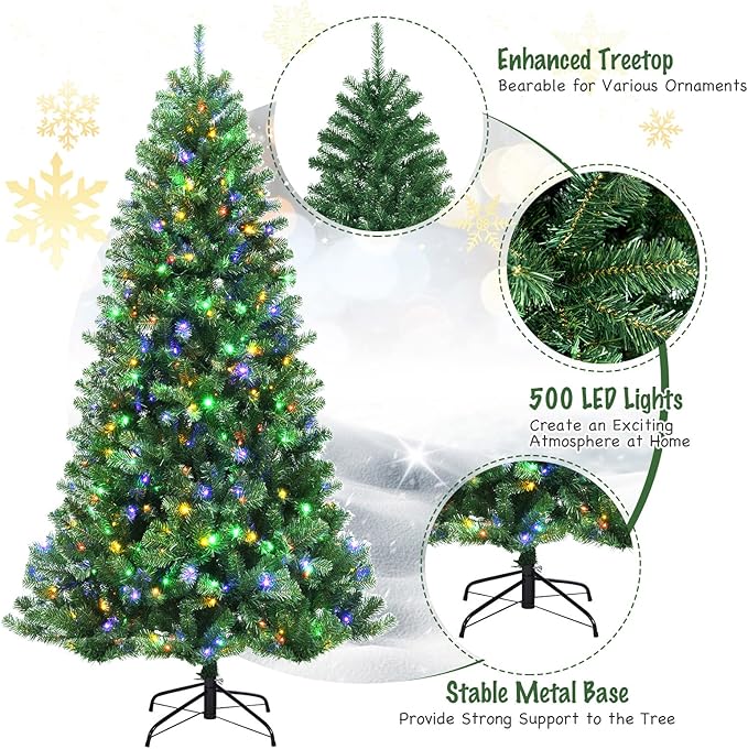 GOFLAME 7ft Artificial Christmas Tree, Pre-lit Xmas Tree 9 Lighting Modes w/ 1181 PVC Branch Tips & 500 Color-Changing LED Lights, Holiday Festival Decoration Tree with Remote Control and Metal Stand