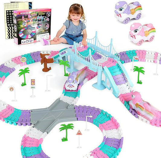 268 PCS Unicorn Race Tracks for Kids Toys, Glow in The Dark Magic Toy Set, 2 Unicorn Cars Track, Flexible DIY Track Set, Birthday Gift for Age 3-9 Boys Toddler Girls