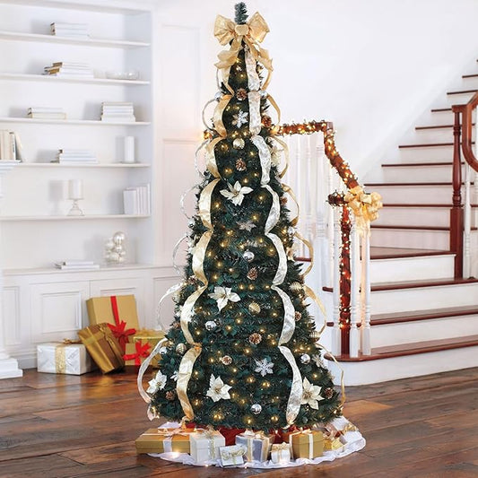 BrylaneHome 7.5 Ft Fully Decorated Pre-Lit Pop-Up Christmas Tree with 450 Warm Lights & Included Stand, Collapsible, Easy Assembly - Silver Gold
