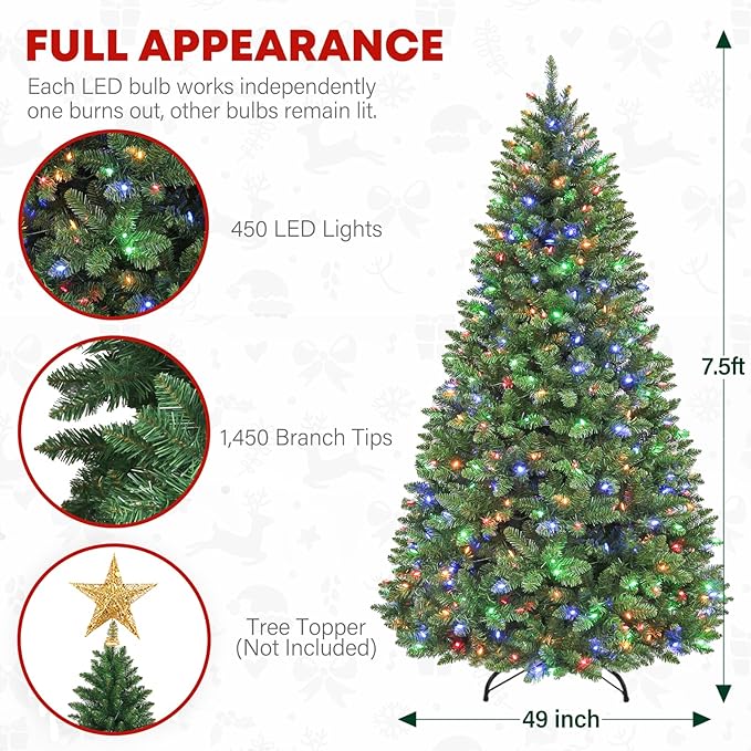 7.5 ft Lighted Christmas Tree, Artificial Christmas Tree with 450 Multicolor LED Lights, 1450 Tips, Metal Stand and Hinged Branches for Holiday Decor, 10 Modes